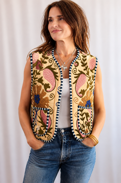 Brown Floral Embroidered Vest