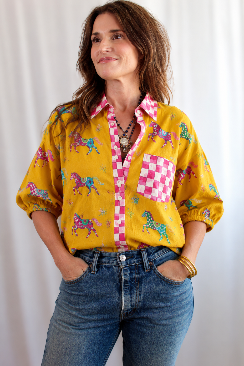 Pink Pony Club Shirt – Puff Sleeve (Yellow / Pink)