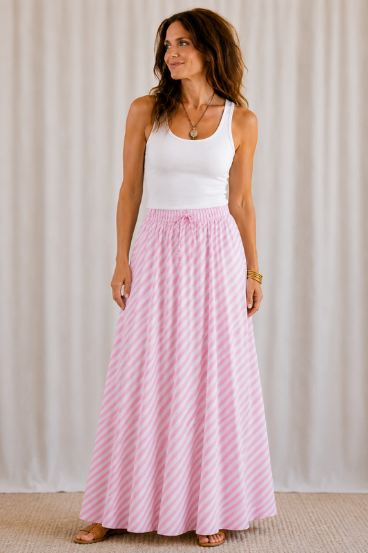Pink & White Striped Maxi Skirt