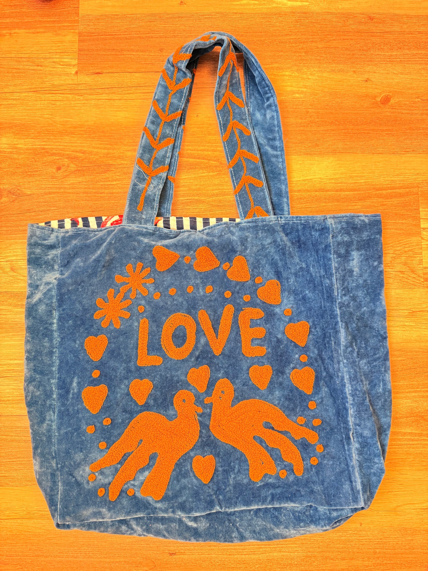 Embroidered Velvet Carryall Tote : Blue/Rust