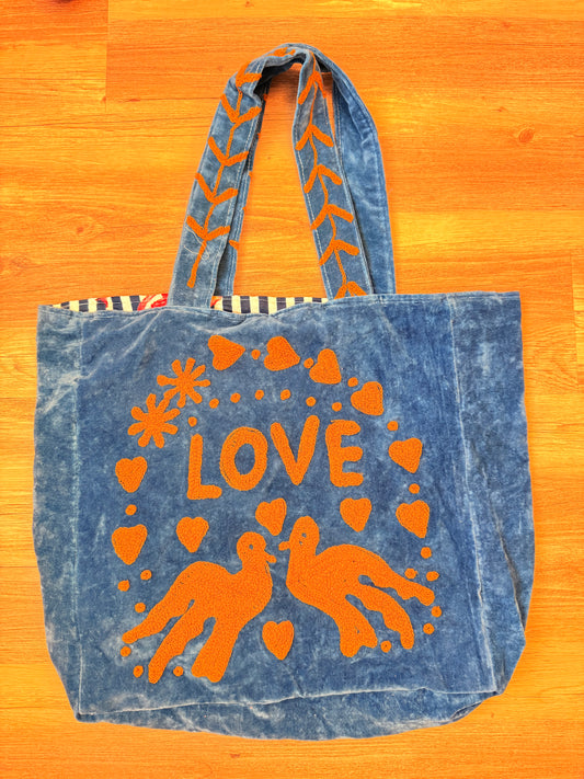 Embroidered Velvet Carryall Tote : Blue/Rust
