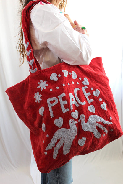 Embroidered Velvet Carryall Tote : Light Pink/Green