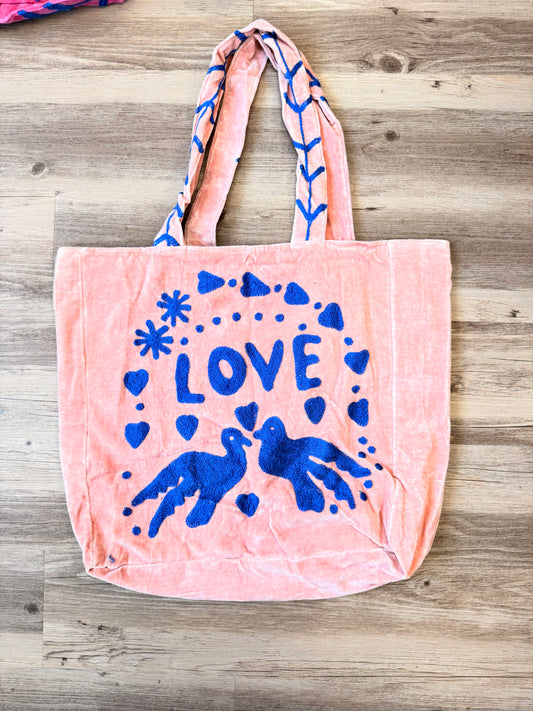 Embroidered Velvet Carryall Tote : Light Pink/Blue