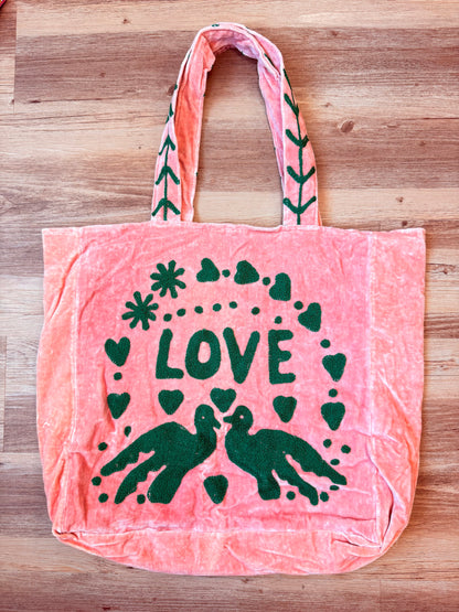 Embroidered Velvet Carryall Tote : Light Pink/Green