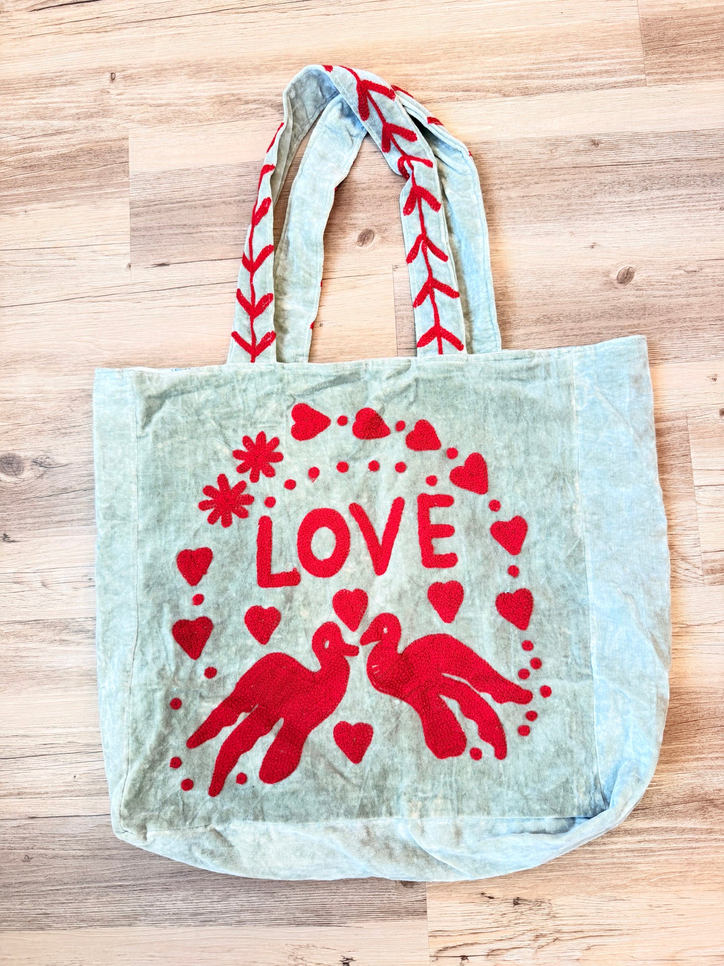 Embroidered Velvet Carryall Tote : Grey/Red