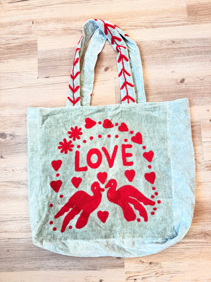 Embroidered Velvet Carryall Tote : Grey/Red