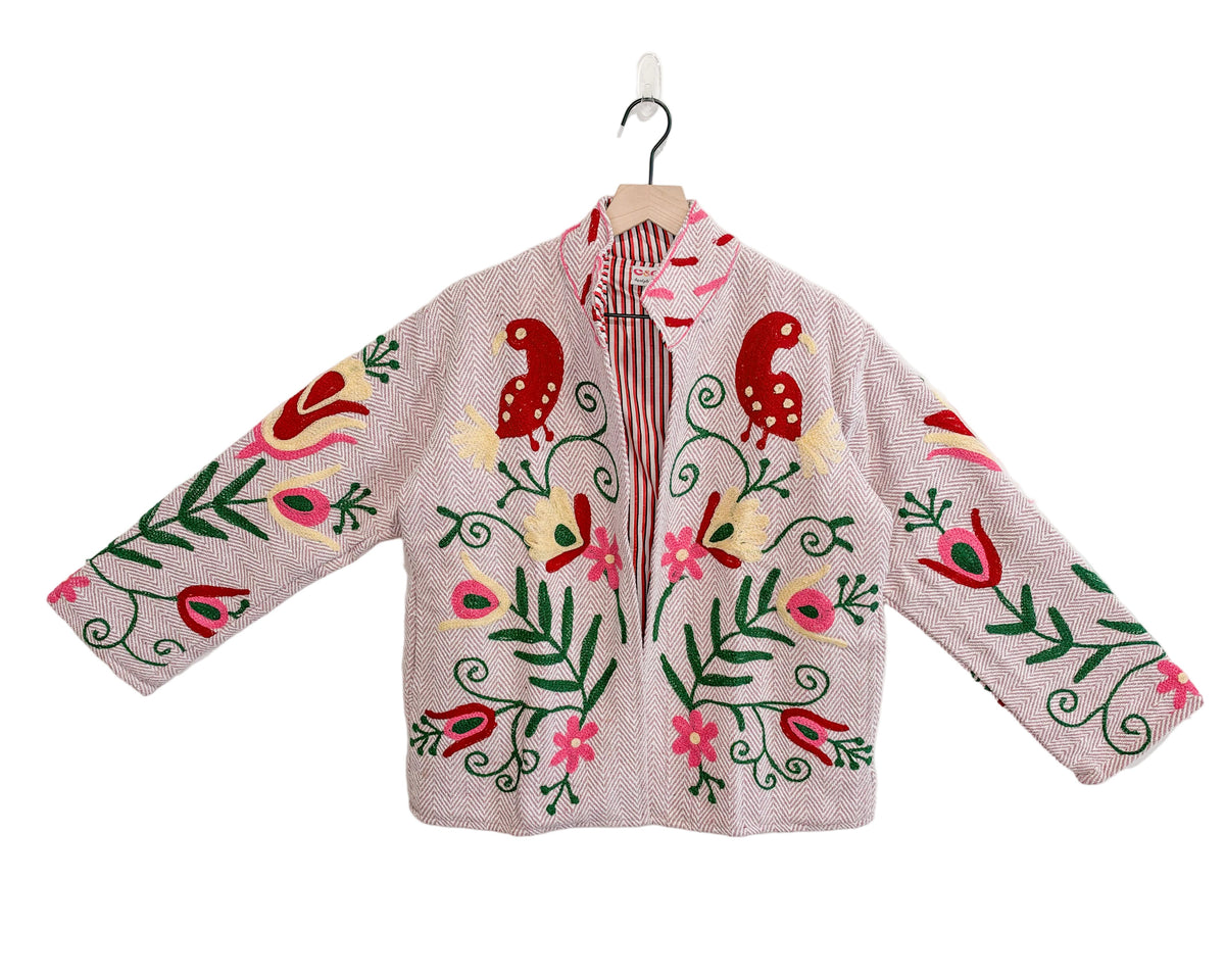 Sagebrush Patchwork Jacket, one-of-a-kind women's vintage quilt jacket in faded gray and sage with hand-embroidered coral, mustard and blush flowers and black and white striped piping