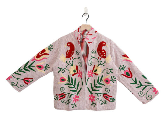 Sagebrush Patchwork Jacket, one-of-a-kind women's vintage quilt jacket in faded gray and sage with hand-embroidered coral, mustard and blush flowers and black and white striped piping