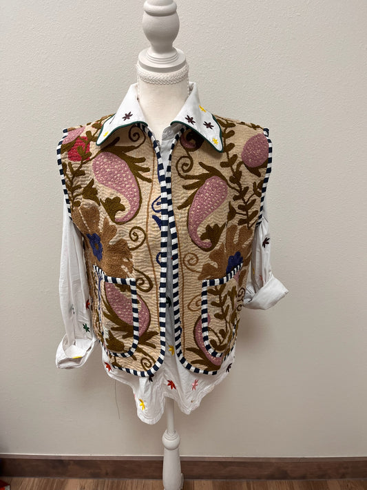Brown Floral Embroidered Vest